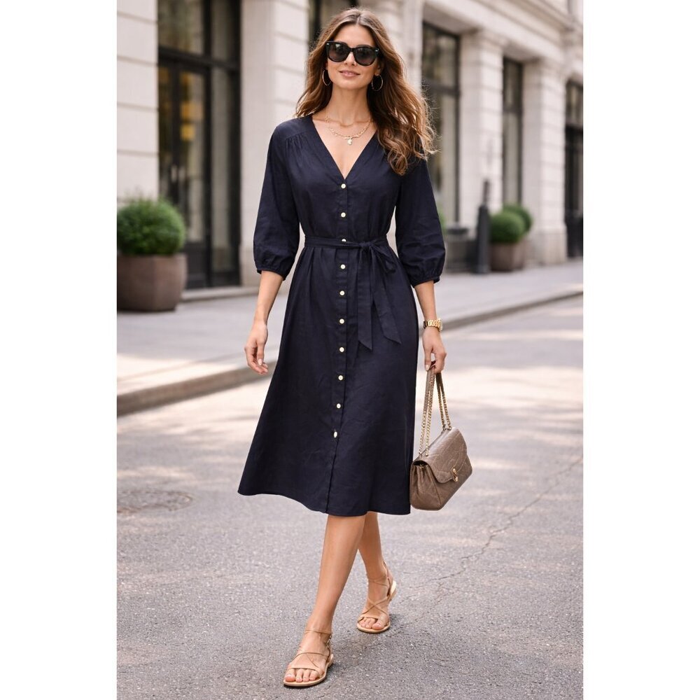 Talbots Plus 16W Black Cotton Poplin Button Front Shirt Dress Tie Waist Midi